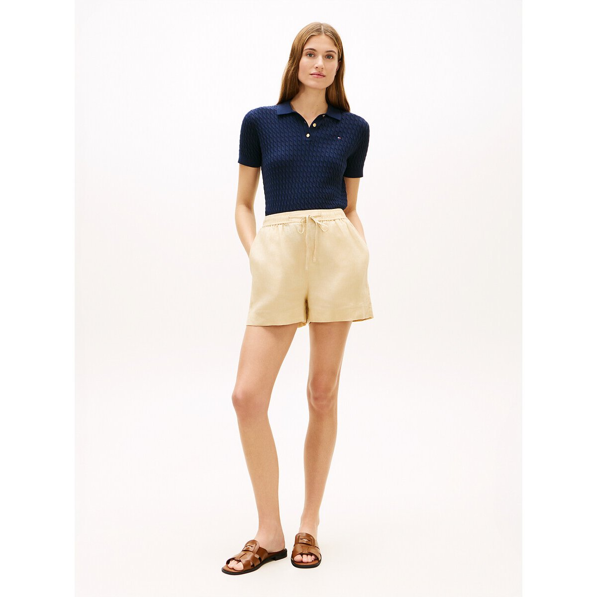 Short en lin à taille élastiquée beige, TOMMY HILFIGER
