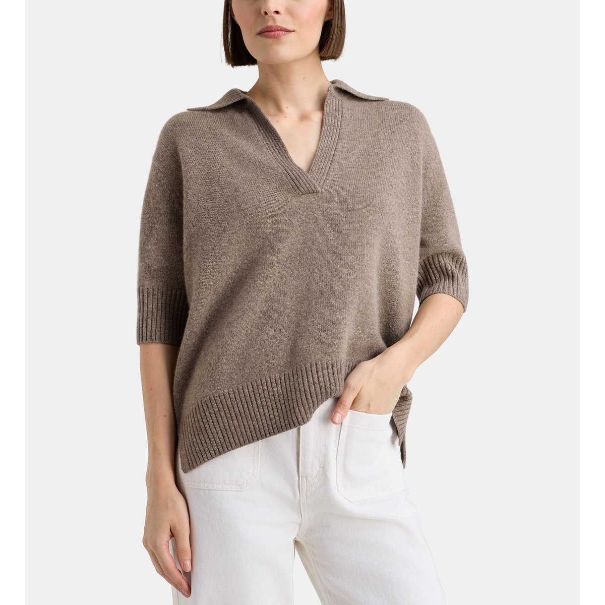 Pull manches courtes frozon en cachemire taupe, GALERIES LAFAYETTE