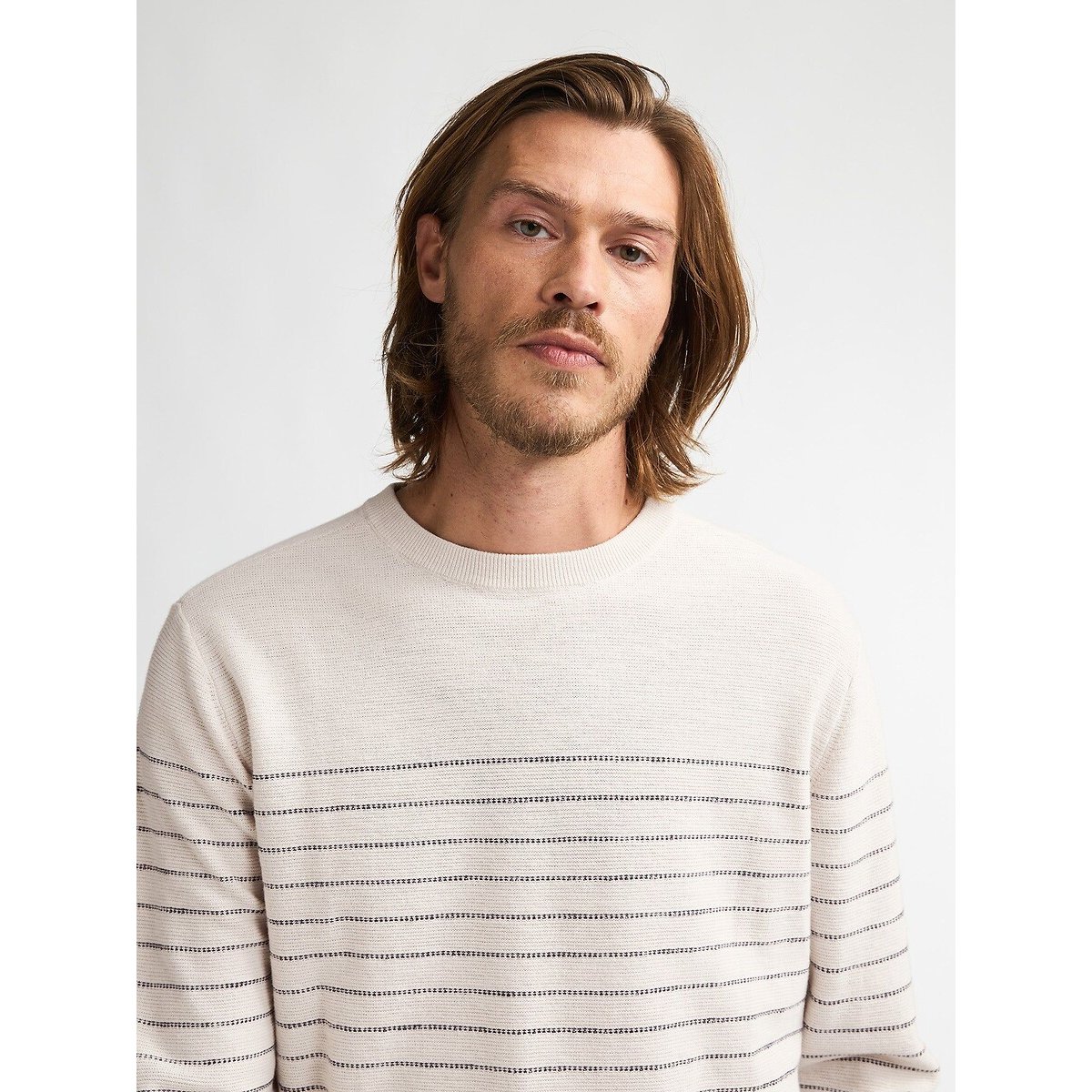 Pull en fine maille col rond ecru/marine, PETROL INDUSTRIES