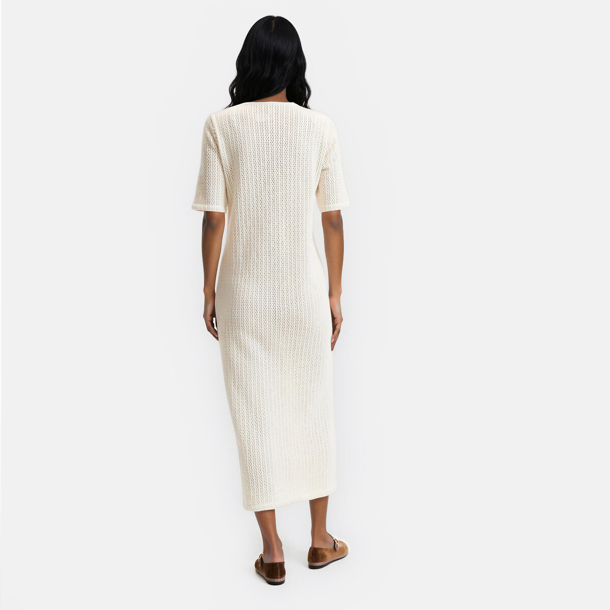 Robe longue manches courtes en maille pointelle ecru, LA REDOUTE COLLECTIONS