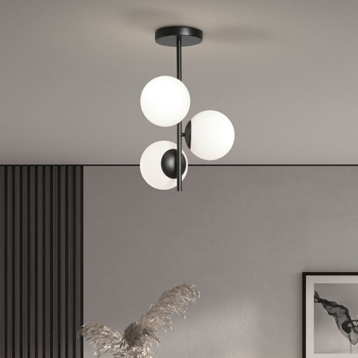Plafonnier Rondo Noir Mat 3 Globes Verre noir, MILLUMINE
