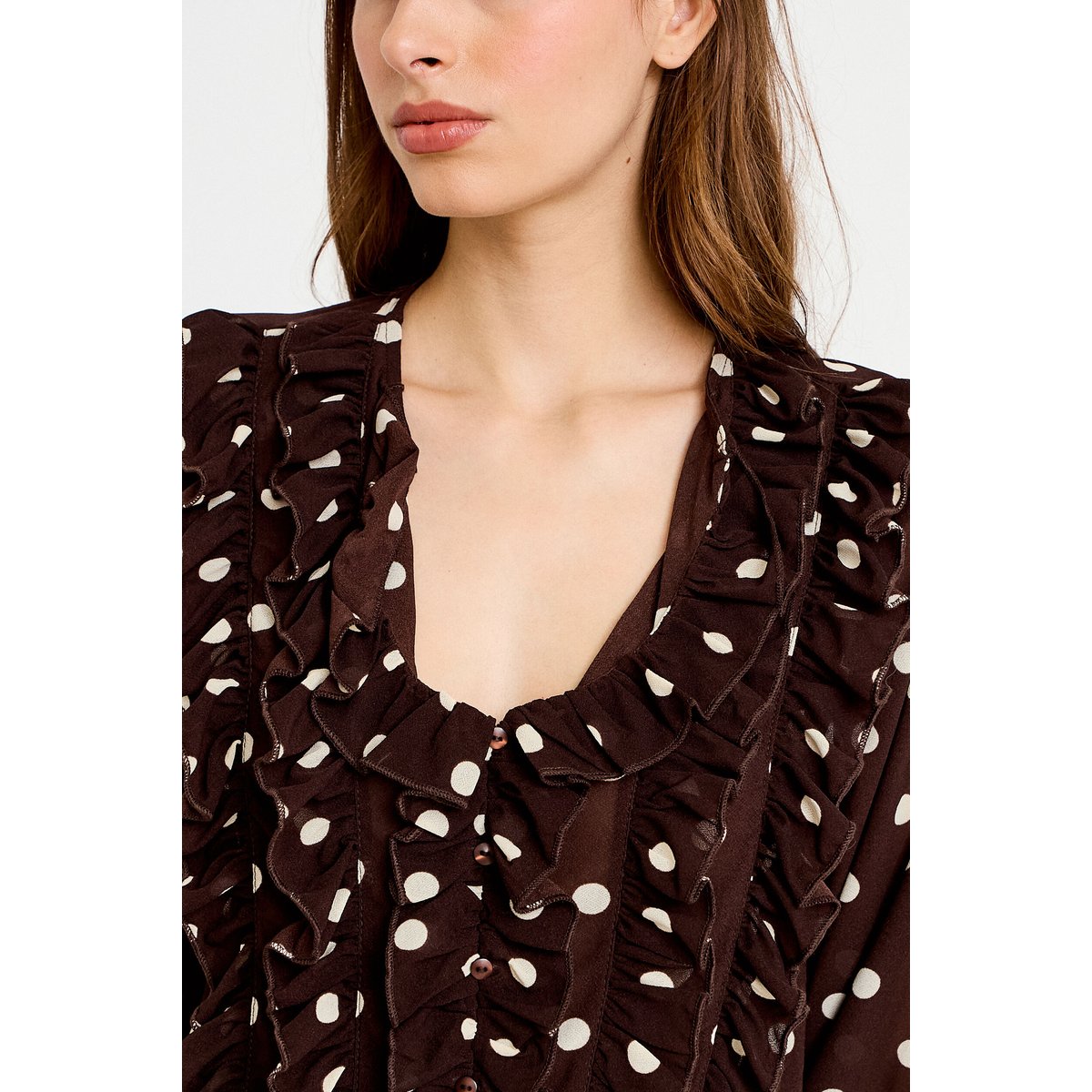 Blouse droite col v manches longues marron, CACHE CACHE