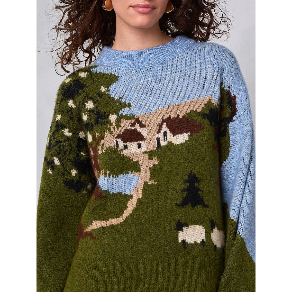 Pull ras du cou imprimé paysage vert multi, NEXT