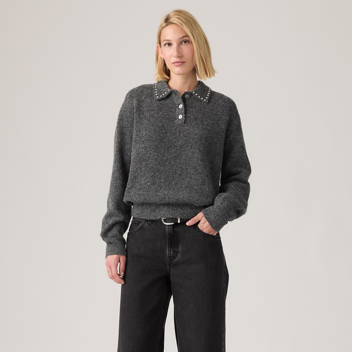 Pull col polo strass manches longues gris foncé, LEVI'S