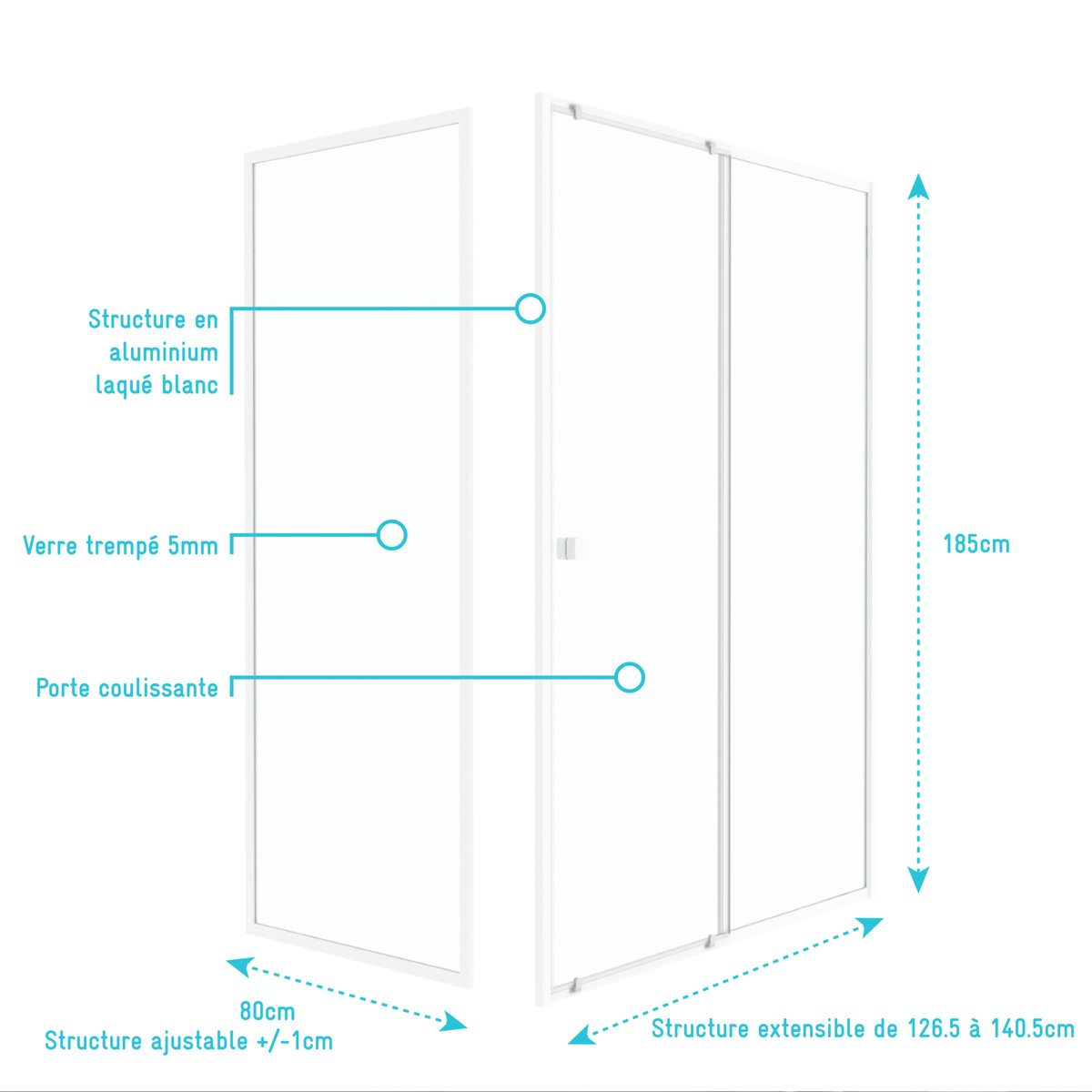 Porte de douche coulissante en verre trempé avec paroi de retour blanc, HOME MAISON