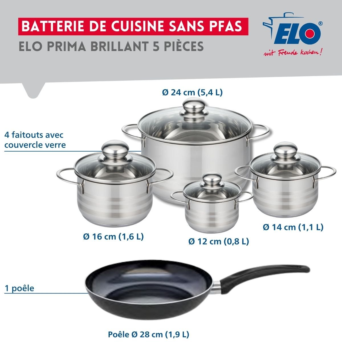 Batterie 1 poêle 28cm + 4 faitouts 12/14/16/24cm PRIMA BRILLANT noir, ELO