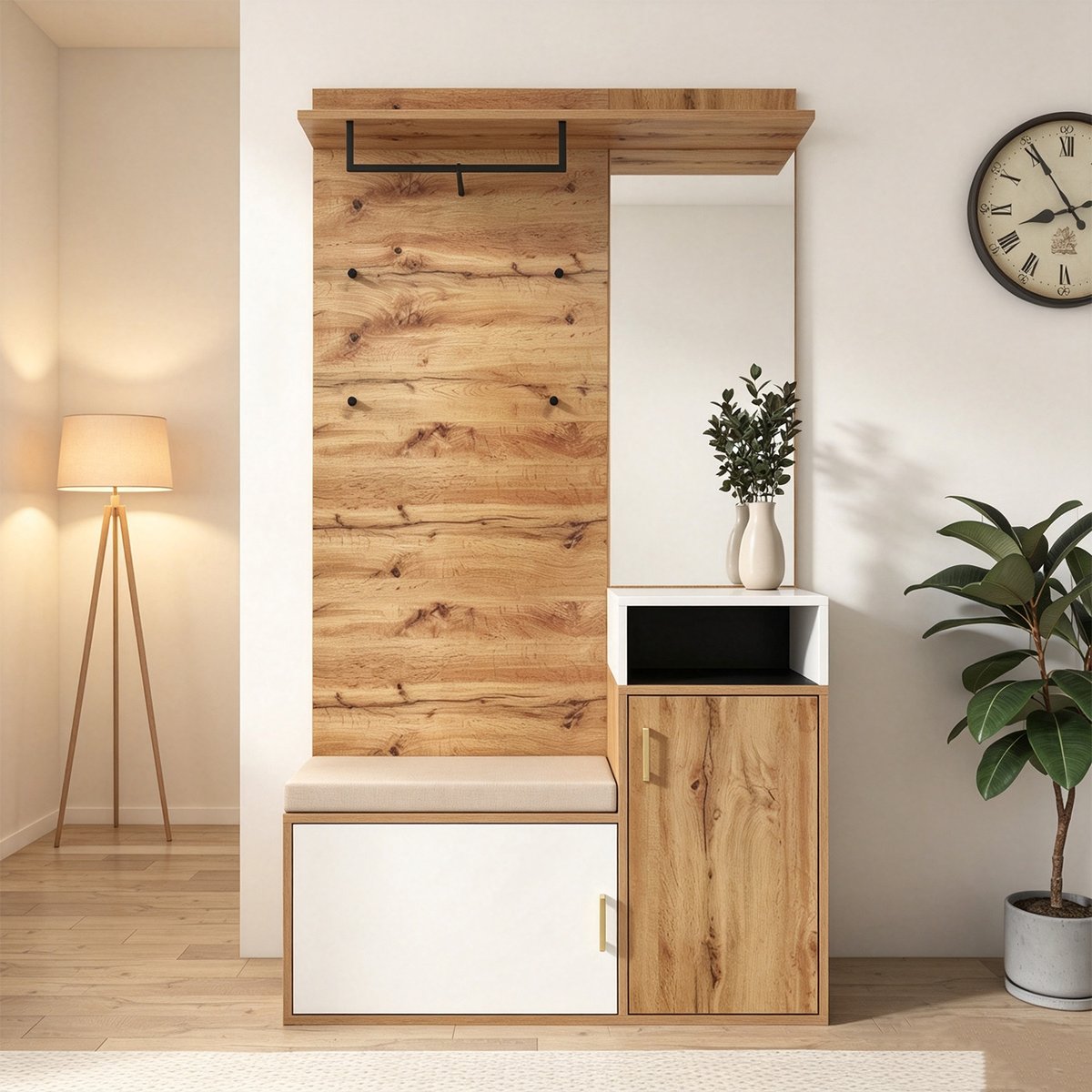 Vestiaire d'entrée avec miroir banc et rangement, PORTER-I blanc, MEUBLES COSY