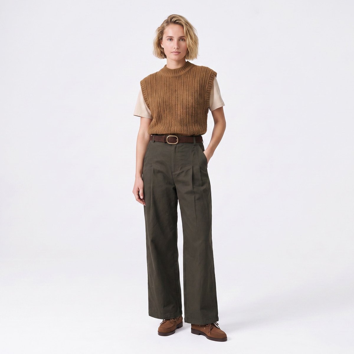 Pull sans manches col montant maille torsadée LUNAIA camel, ARTLOVE