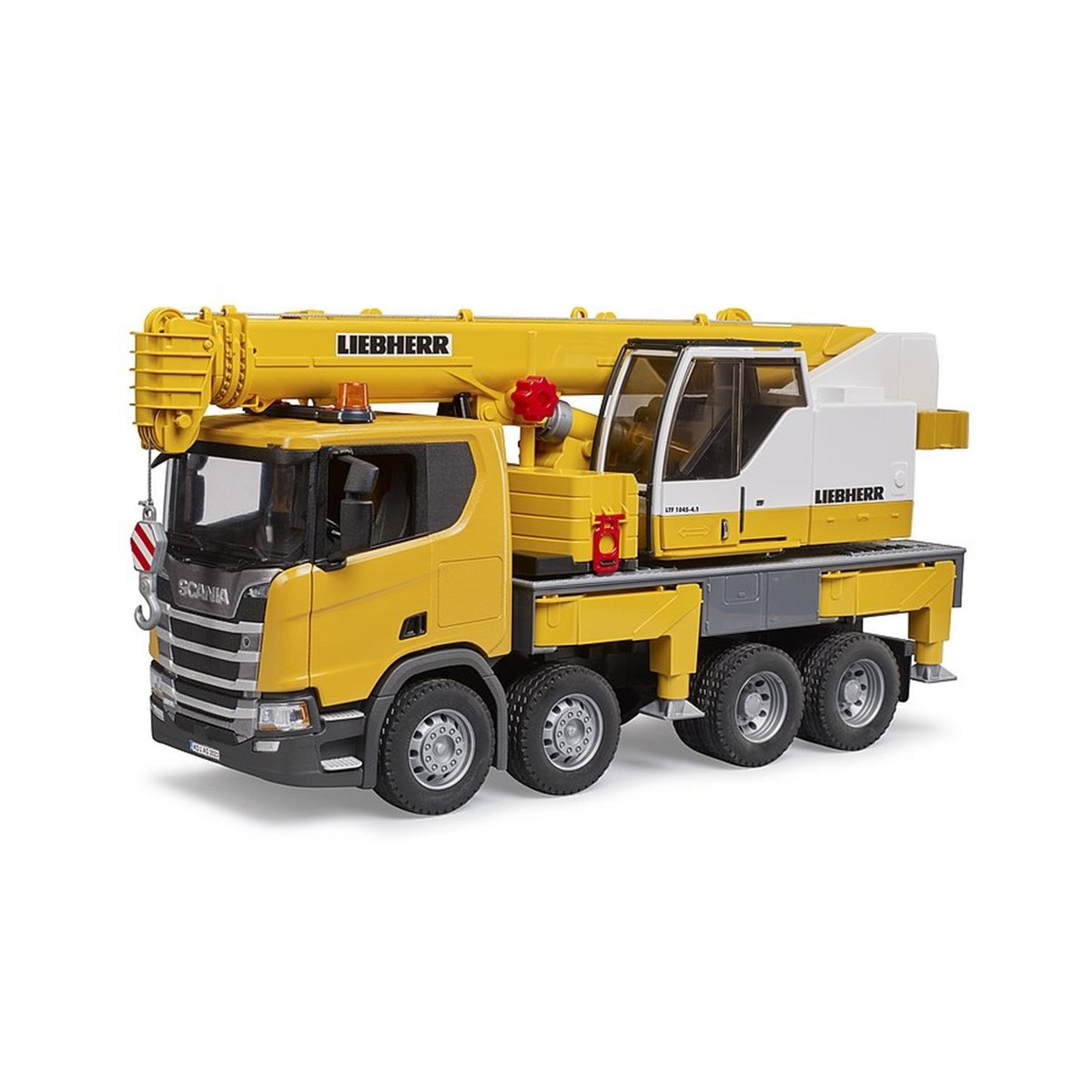 Scania Super 560R Liebherr camion-grue avec module son et lumière jaune, BRUDER