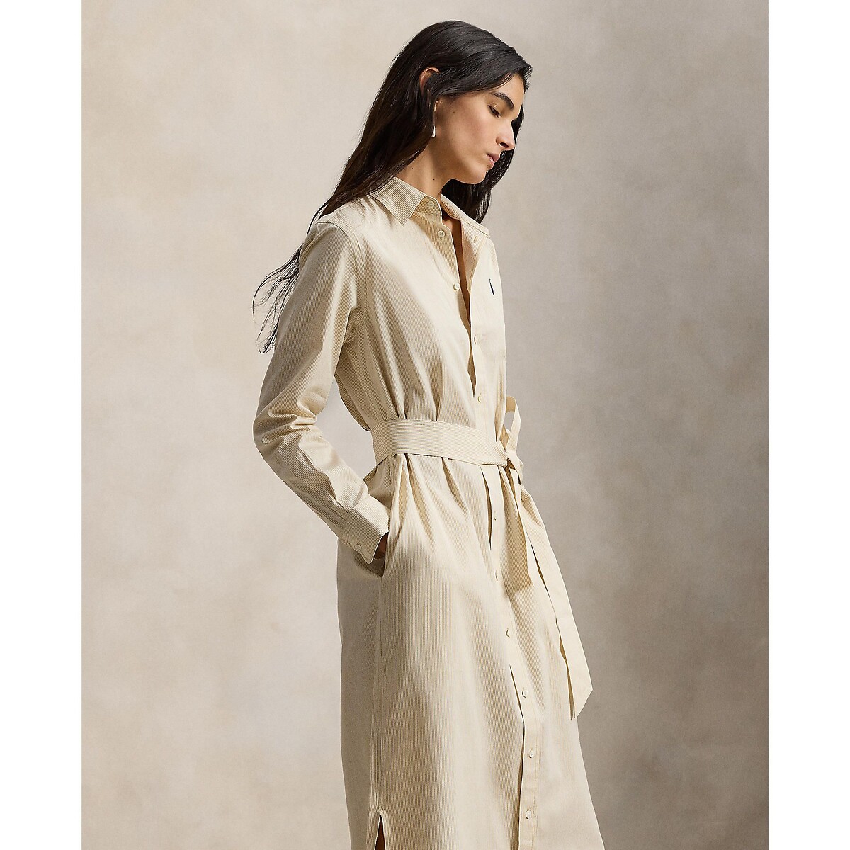 Abito chemisier a righe, maniche lunghe con cintura righe beige / bianco, POLO RALPH LAUREN