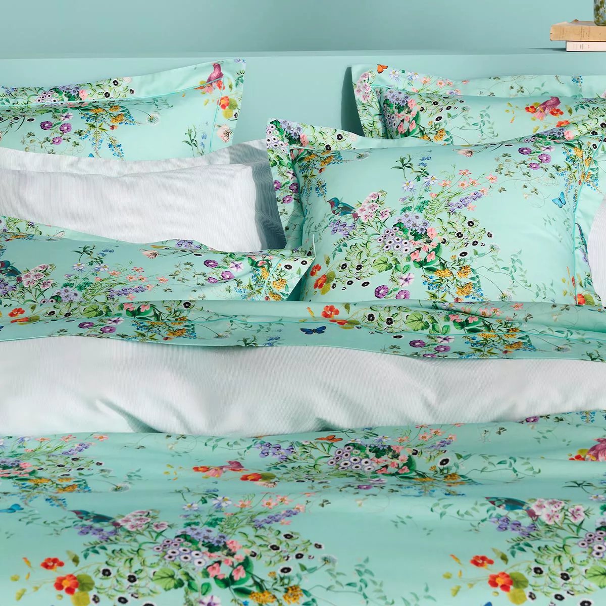 Taie d'oreiller satin de coton LE PRINTEMPS azur, GARNIER THIEBAUT