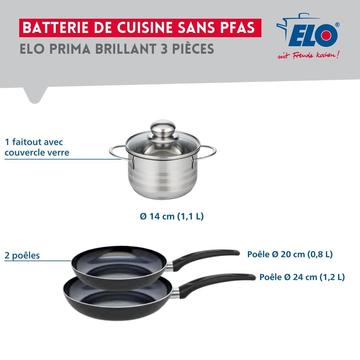 Batterie 2 poêles 20/24cm + 1 faitout 14cm PRIMA BRILLANT noir, ELO