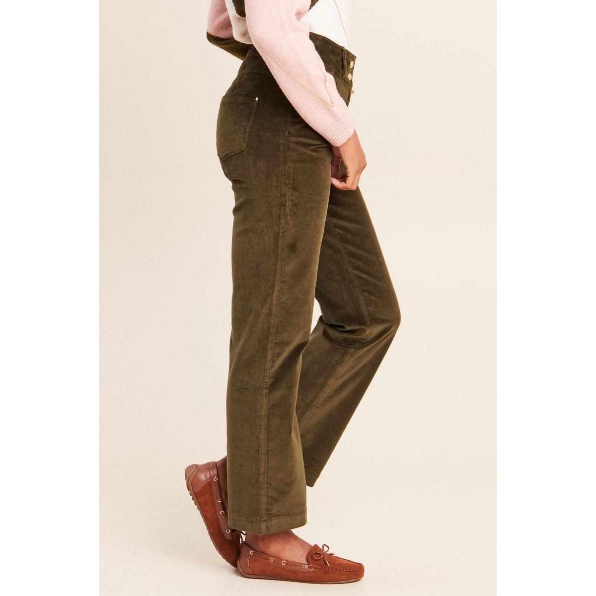Pantalon taille haute en velours vert kaki, BREAL