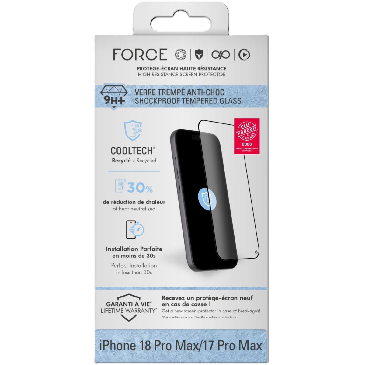 Protège écran iPhone 17 P ro Max/ 18 Pro Max Original couleur unique, FORCE GLASS