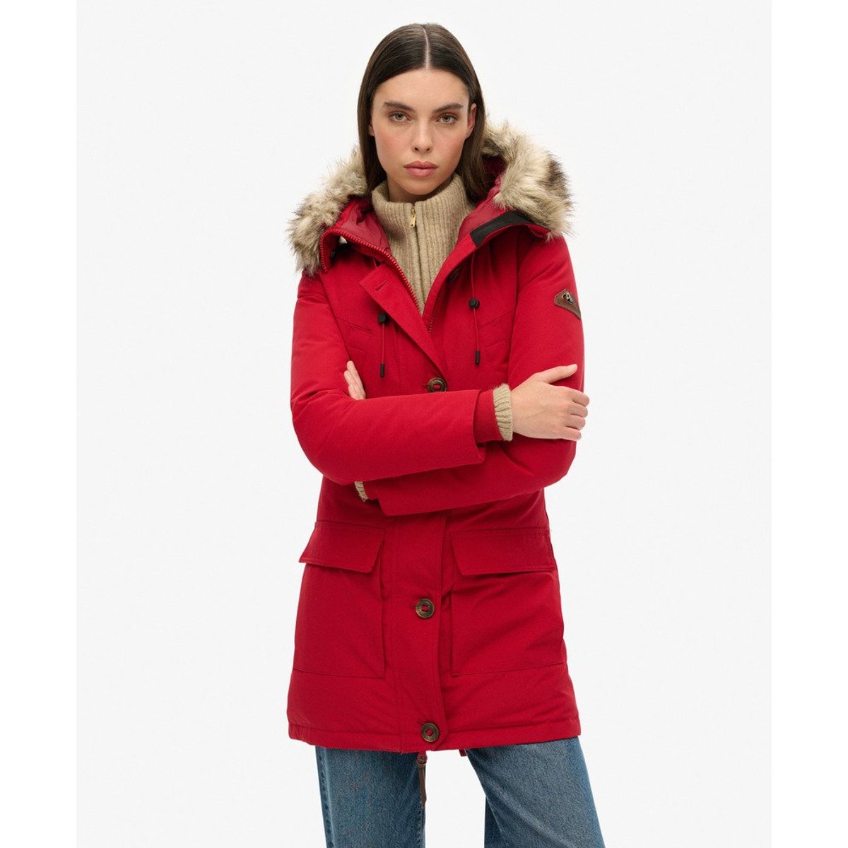 Parka à capuche en duvet imitation fourrure piment, SUPERDRY