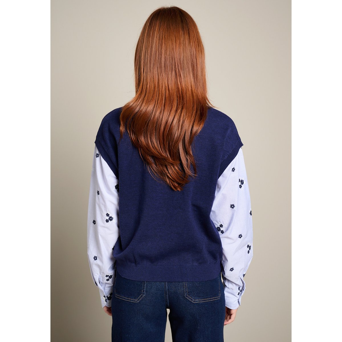 Pull à manches en popeline bleu marine, LOLALIZA
