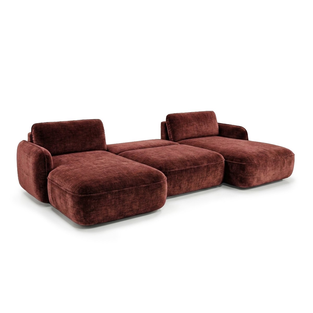 Canapé panoramique convertible 4 places en tissu chenille, CELESTE rouge, BOBOCHIC
