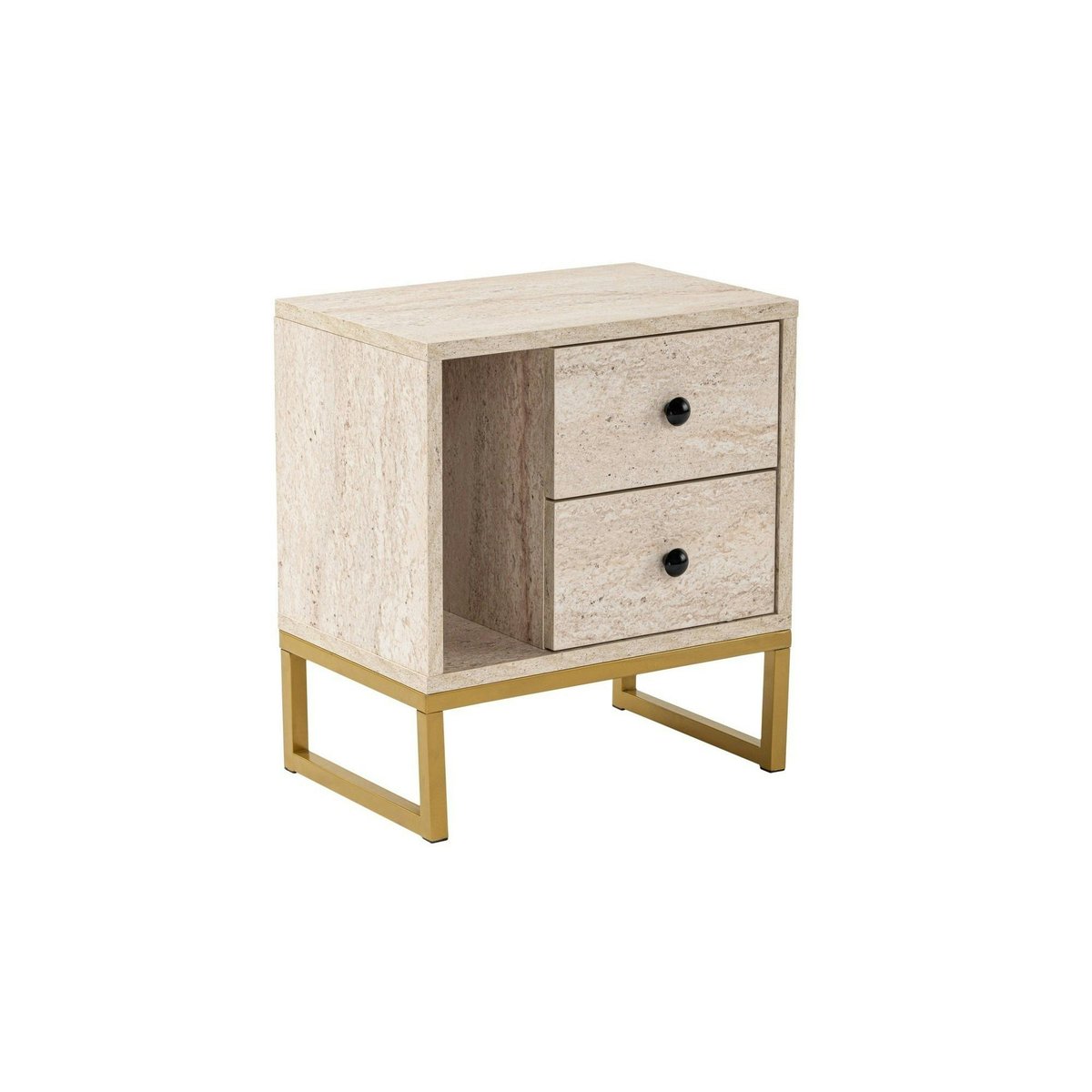 Table de chevet 2 tiroirs 1 niche MARFA travertin / doré, PIER IMPORT