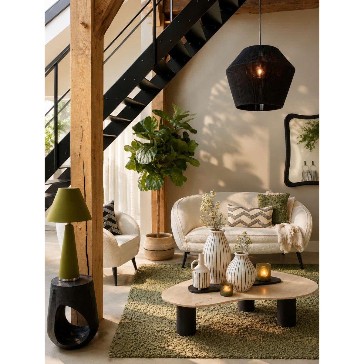 Lampe À Poser Textiles DEVIA vert, LIGHT & LIVING