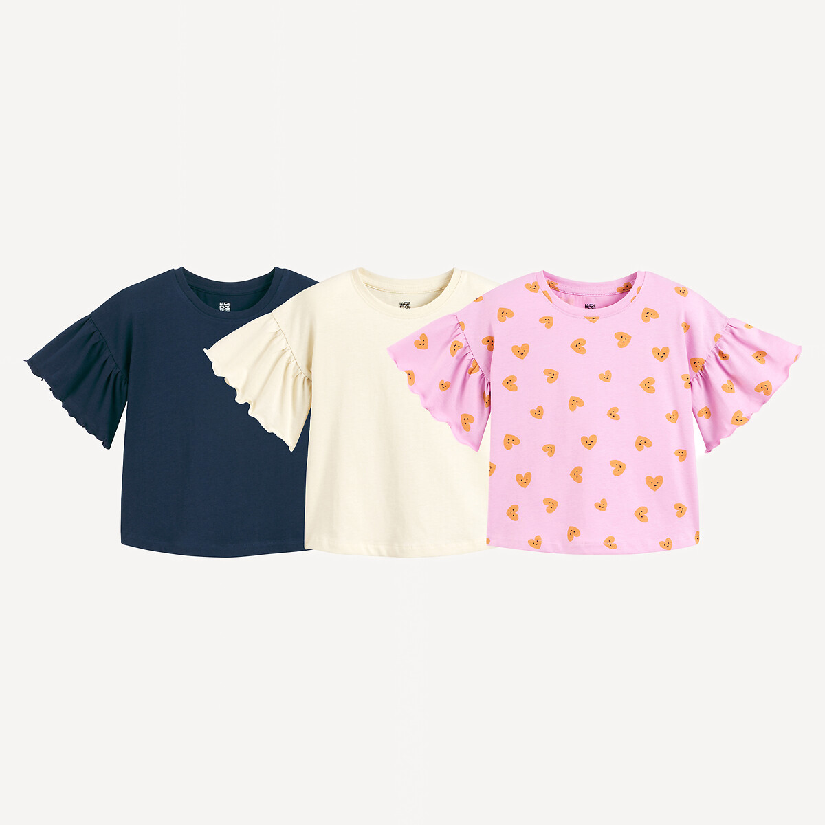 Lote de 3 camisetas de manga corta con volantes azul marino + parma + blanco, LA REDOUTE COLLECTIONS