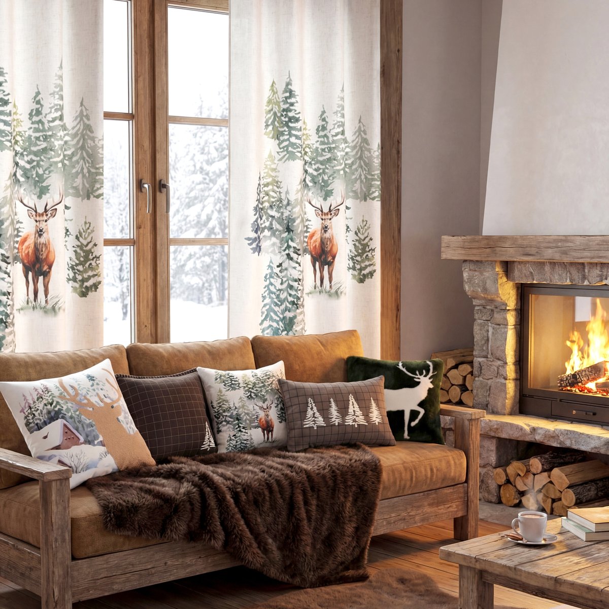 Coussin décoratif carré à carreaux et motif sapin marron brun, LOVELY CASA