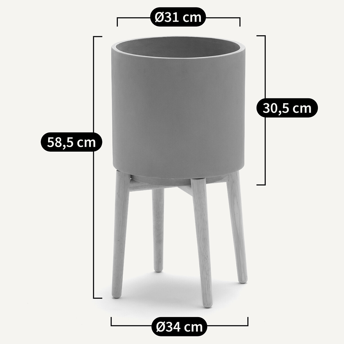 Cache-pot sur pied en hévéa H58,5cm, Florian ciment, AM.PM