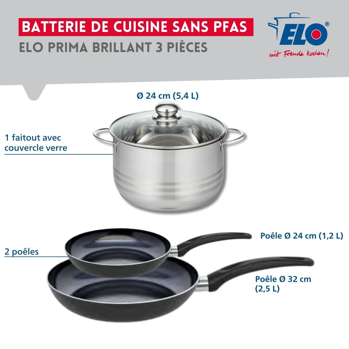 Batterie 2 poêles 24/32cm + 1 faitout 24cm PRIMA BRILLANT noir, ELO