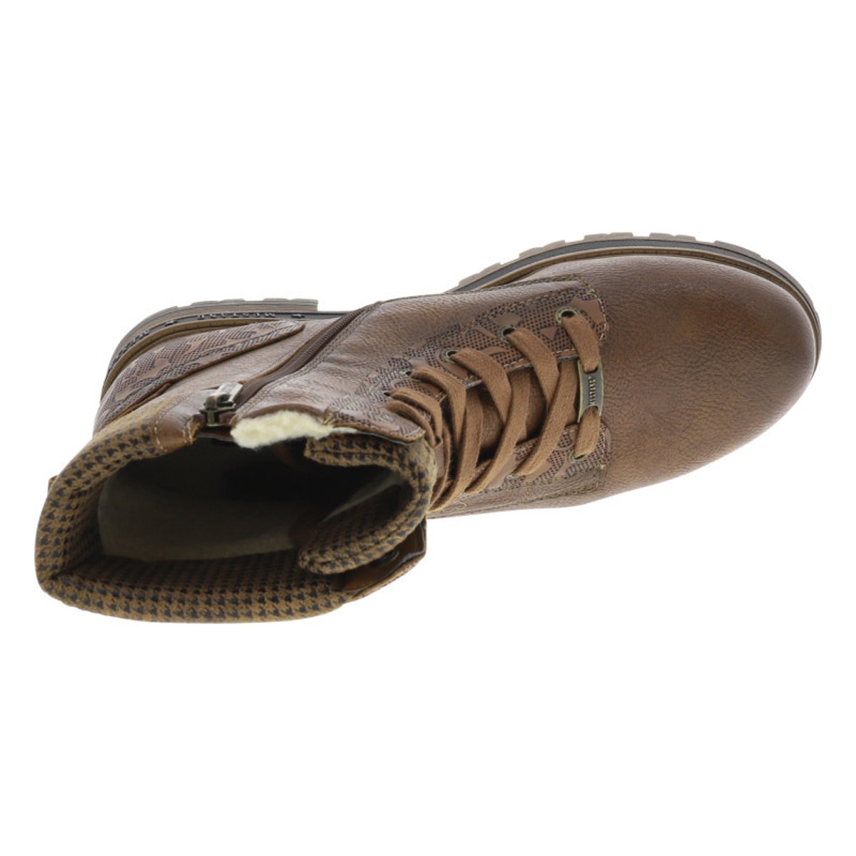 Bottines écrues à talon décroché bas avec des lacets et un zip latéral cognac, MUSTANG