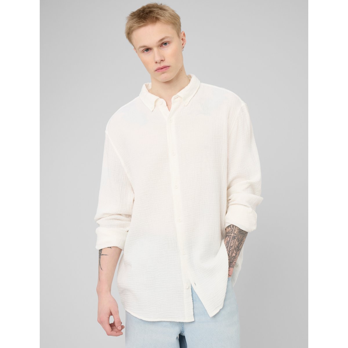 Chemise manches longues gaze de coton blanc écru, BZB