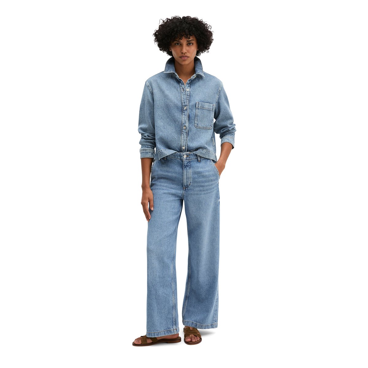 Blouse en jean relaxed en mélange de lyocell, de lin et de coton bleu clair, MARC O'POLO