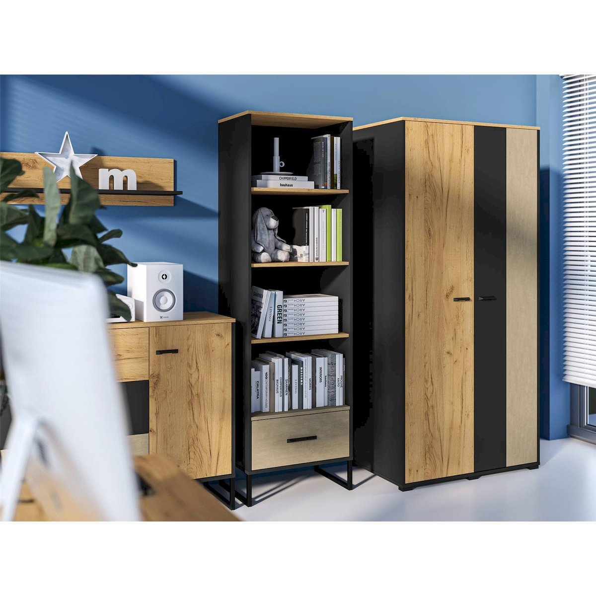Armoire ado 2 portes collection COLT chêne craft doré, noir et acier, RECOLLECTION