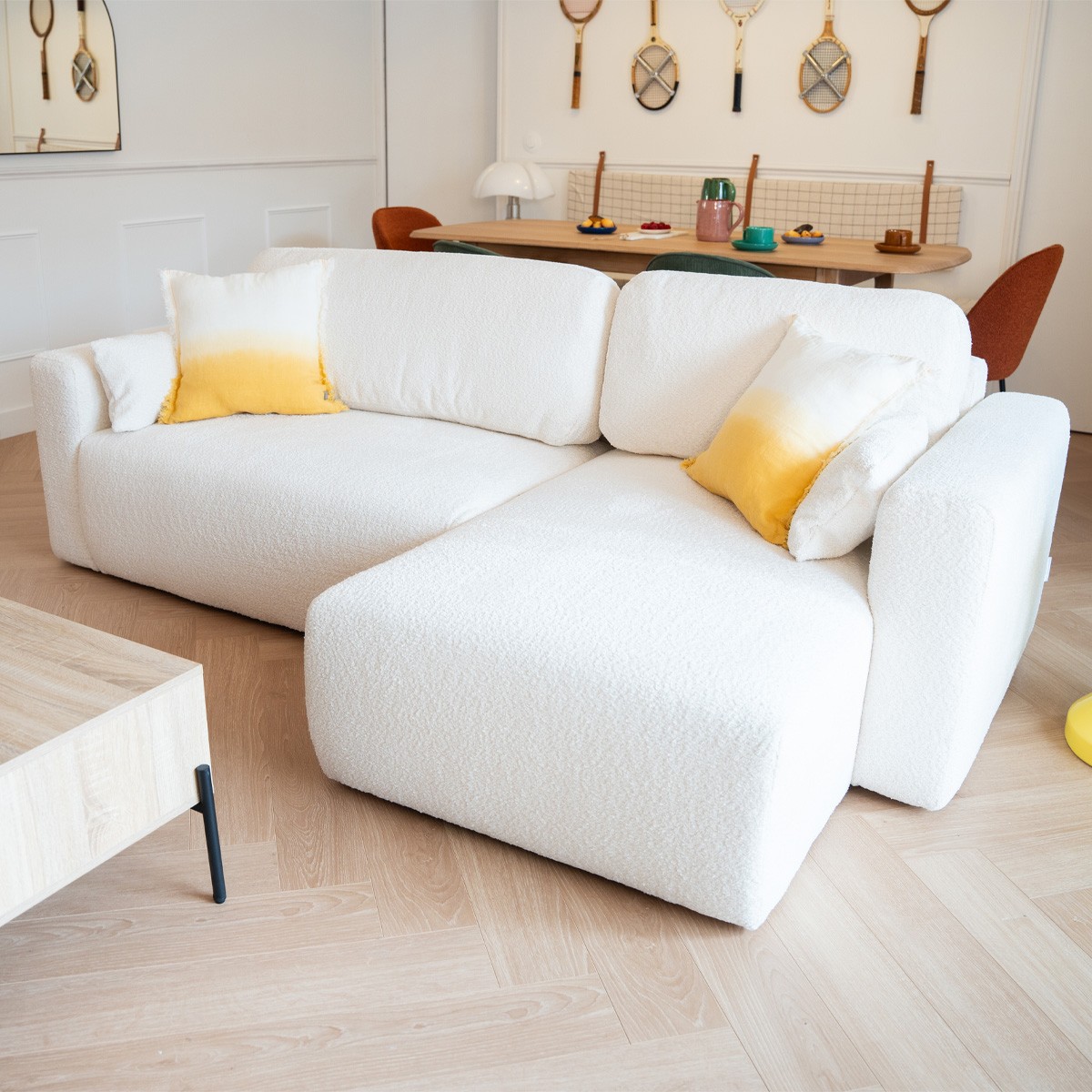 Canapé d'angle convertible 4 places en tissu bouclé - DAVIS beige, HOMIFAB