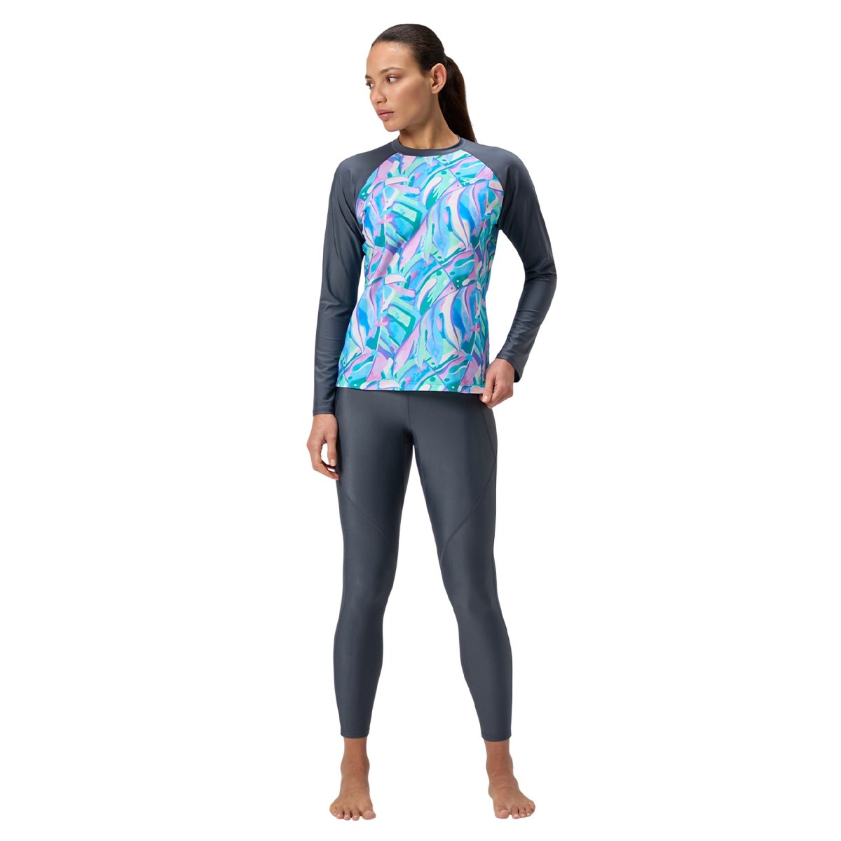 Haut de bain manches longues motif/style logo imprimé gris / bleu / rose imprimé, SPEEDO