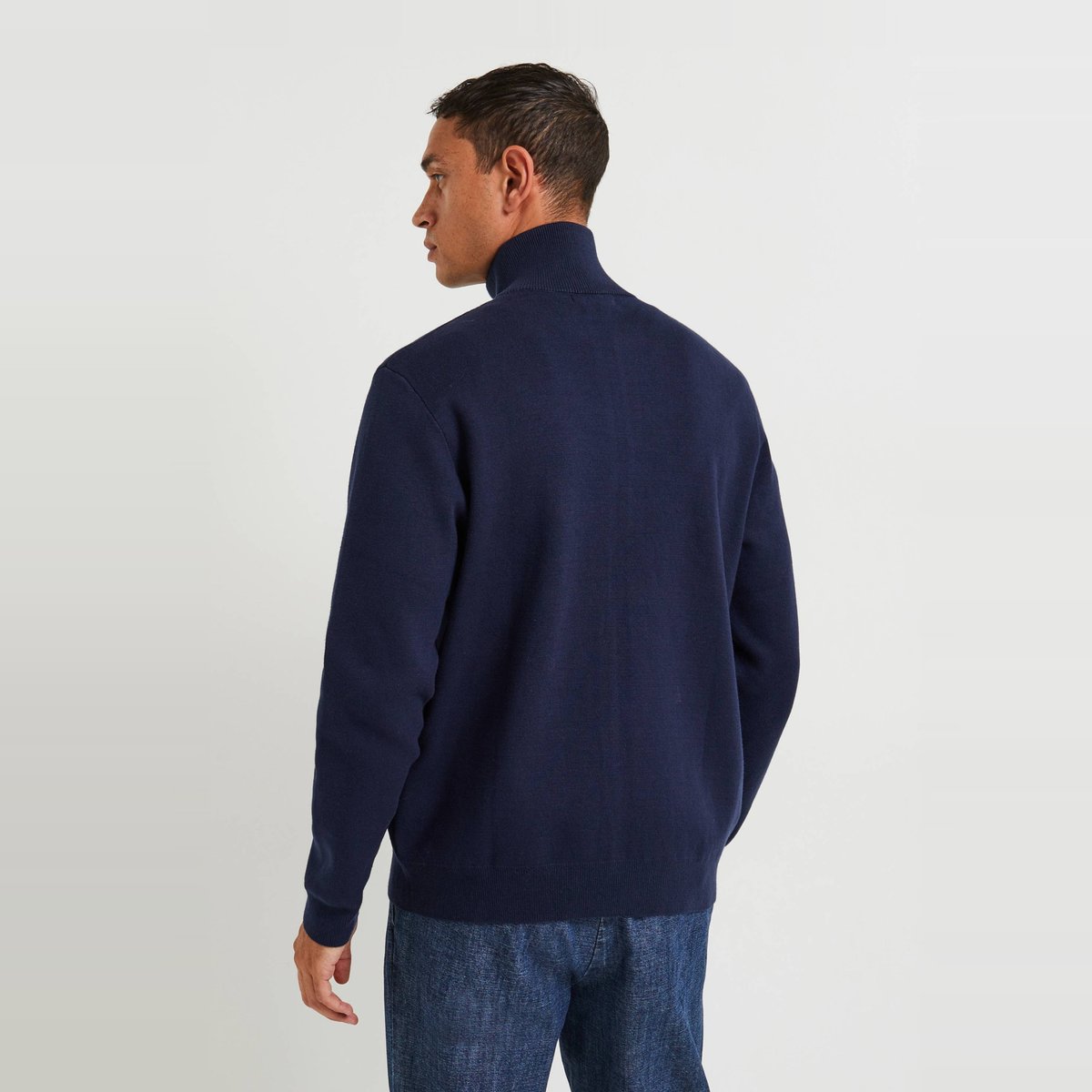 Gilet col montant zippé en mélange coton et cachemire marine, MONOPRIX