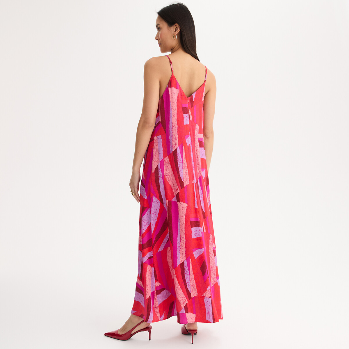 Robe longue à fines bretelles imprimée en viscose imprimé corail, ANNE WEYBURN