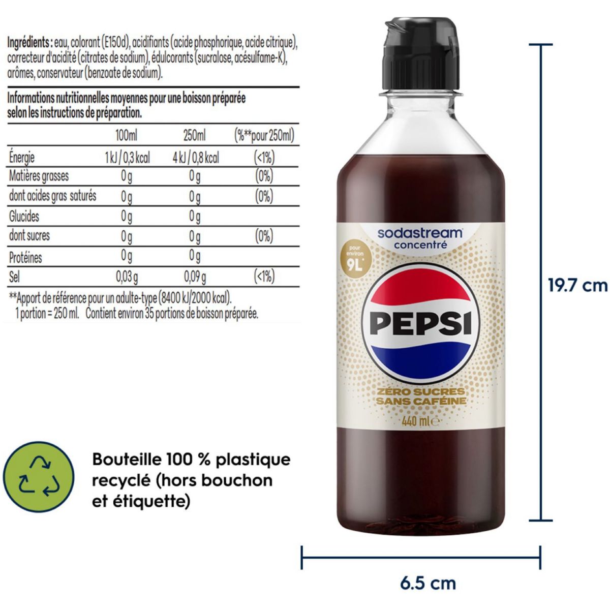 Concentré Pepsi zéro caféine zéro sucres 440mL couleur unique, SODASTREAM