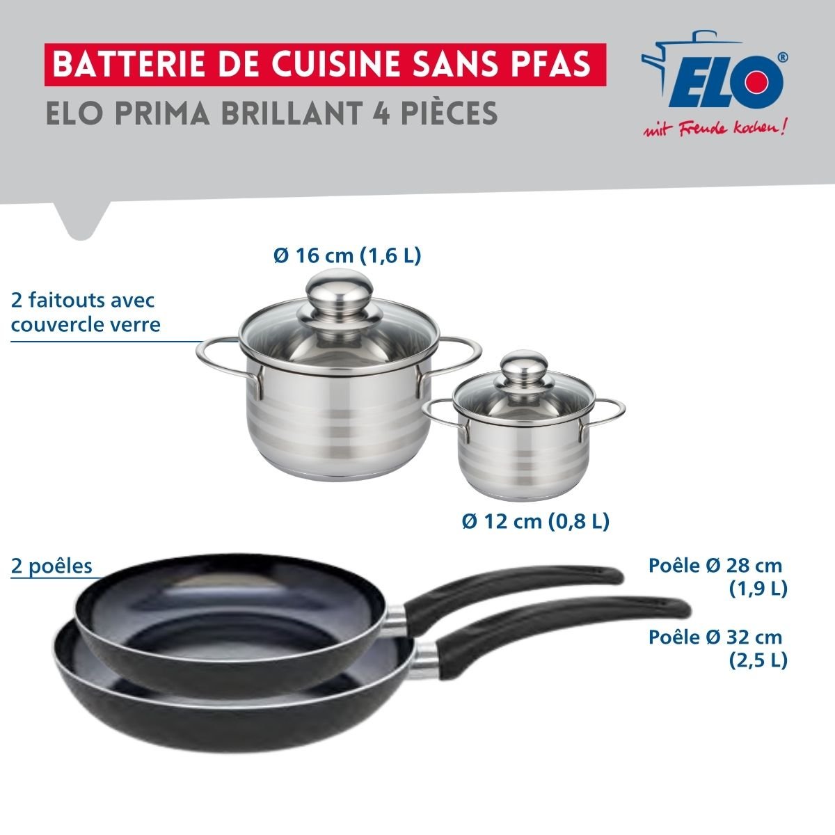 Batterie 2 poêles 28/32cm + 2 faitouts 12/16cm PRIMA BRILLANT noir, ELO