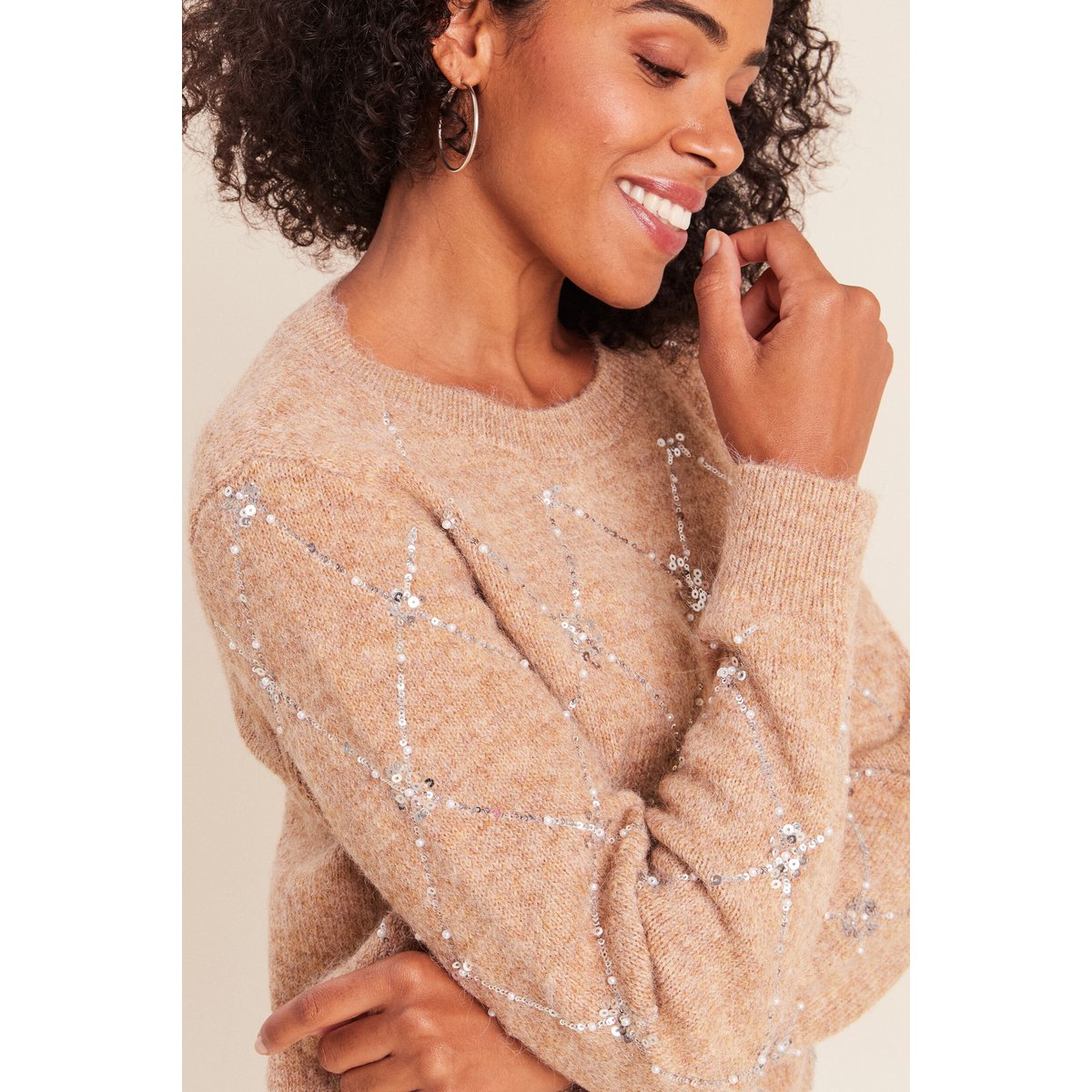 Pull col rond à sequins marron clair, BREAL
