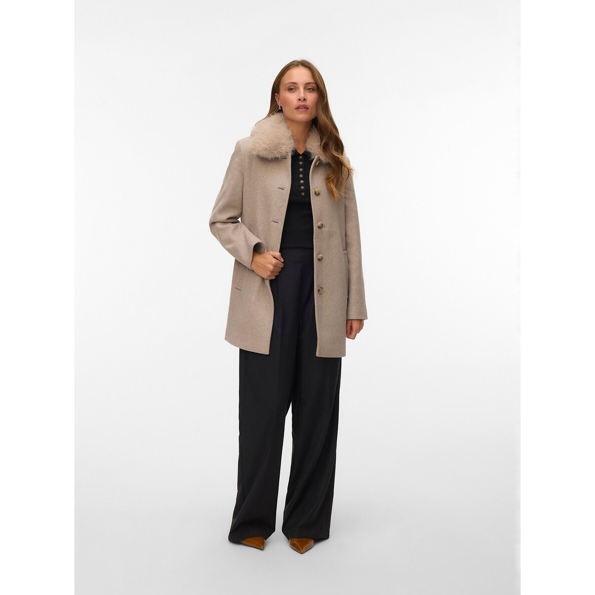 Manteau avec col imitation fourrure ecru, VERO MODA