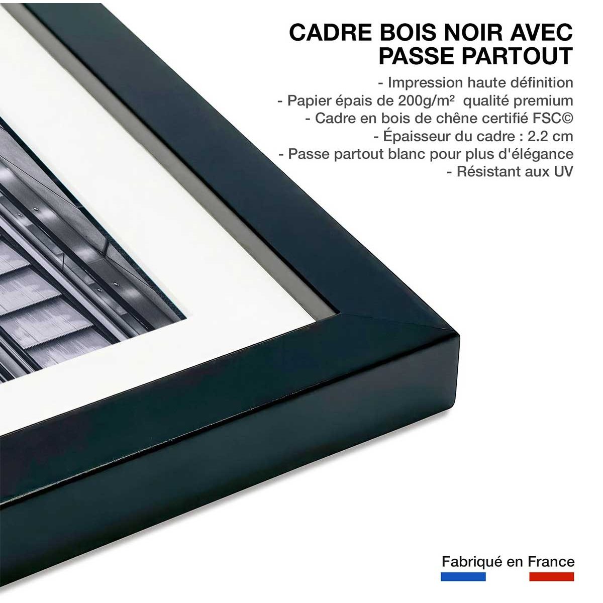Affiche noir et blanc clic clac escalators affiche + cadre en bois - noir, HEXOA