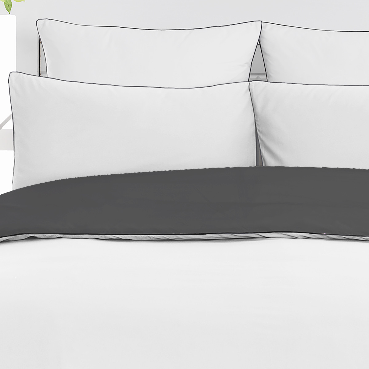 Parure housse de couette percale de coton avec 2 taies 50x70 cm ROSE WOOD BICOLORE blanc/anthracite, SENSEI MAISON