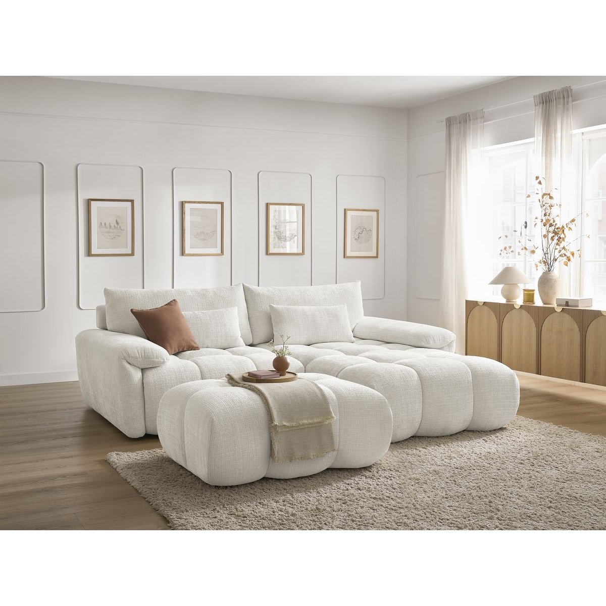 Canapé d'angle fixe 4 places en tissu texturé, IVANE blanc, BOBOCHIC