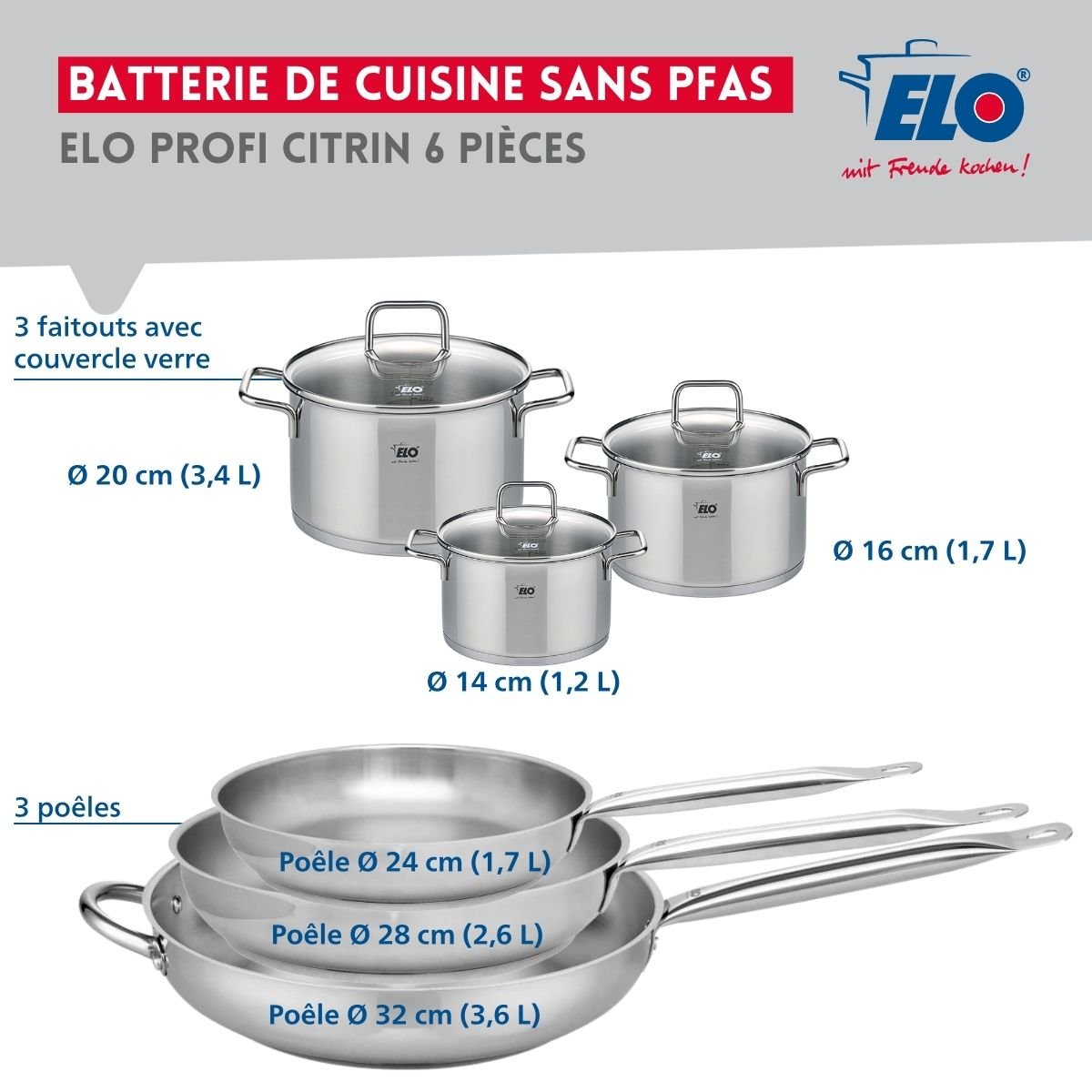 3 poêles 24/28/32cm + 3 faitouts 14/16/20cm PROFI CITRIN gris, ELO