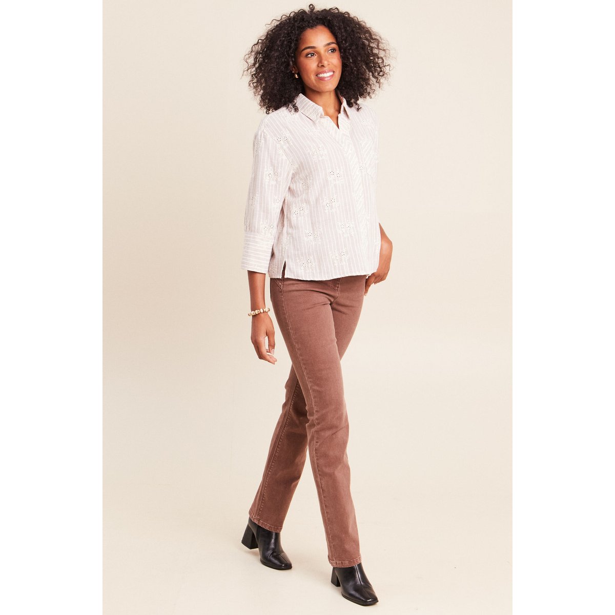 Chemise ample courte avec broderie marron chocolat, BREAL