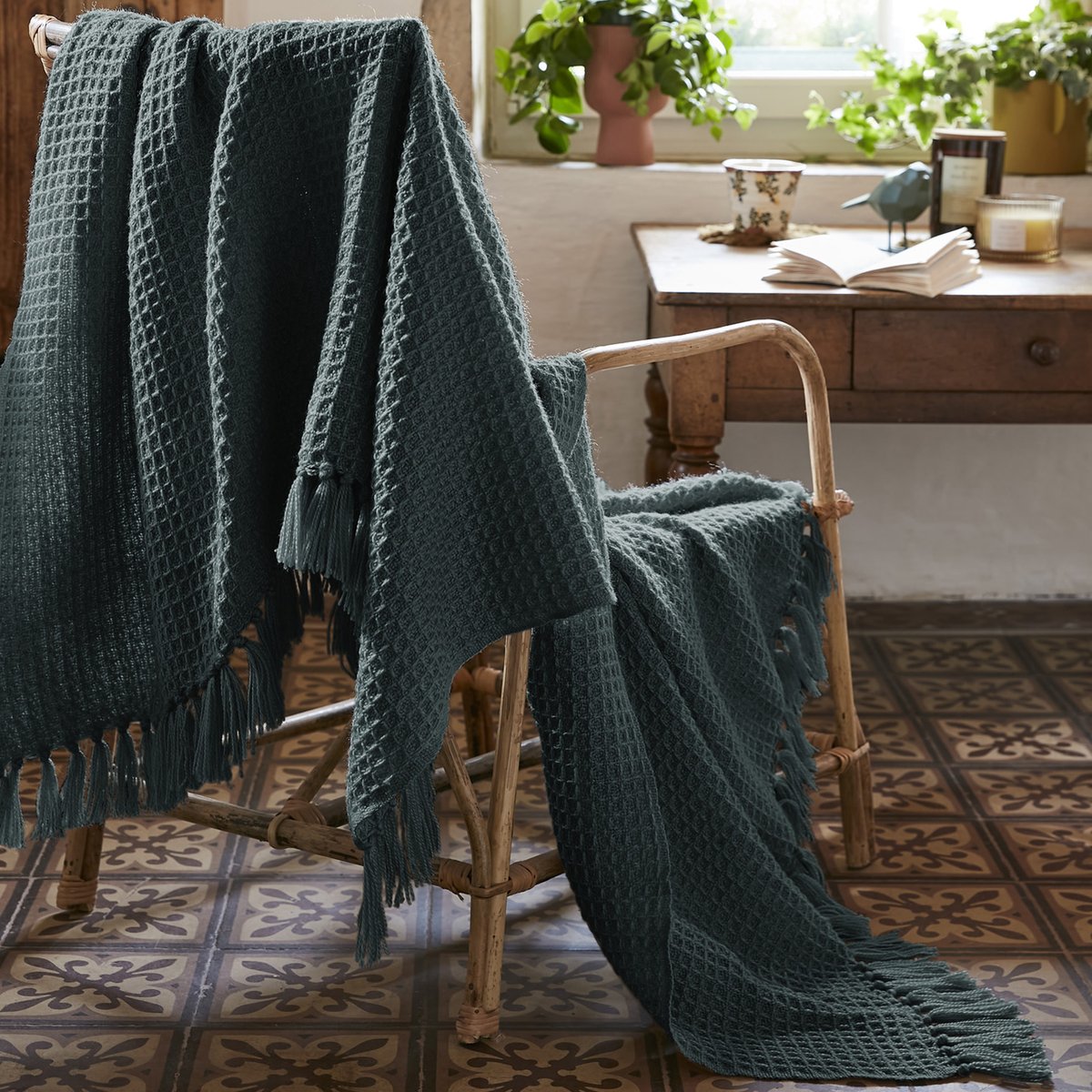 Plaid à franges 180x220 cm Polyéthylène Téréphtalate Camel ardoise, EDEN