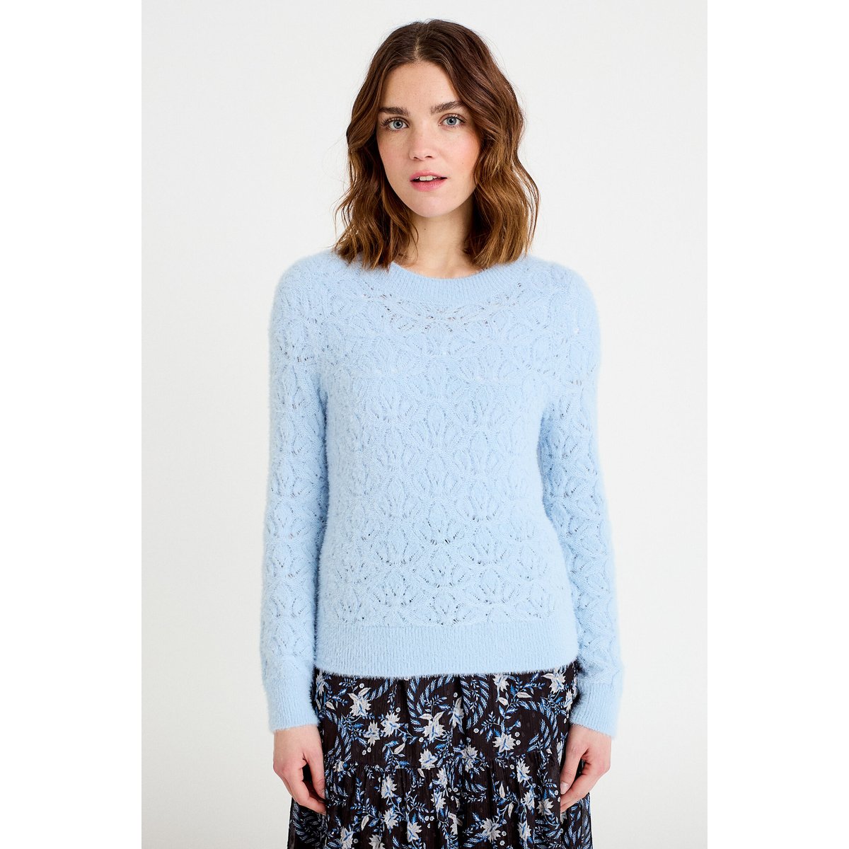 Pull ajouré col rond manches longues bleu clair, CACHE CACHE
