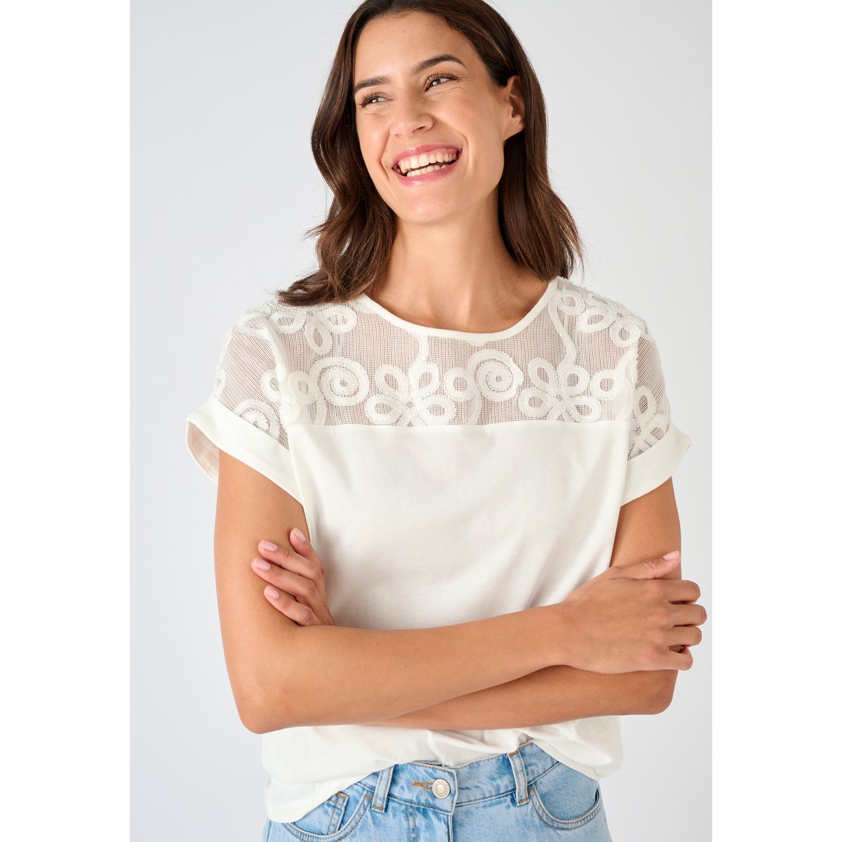 T-shirt bi-matière blanc cassé, DAMART