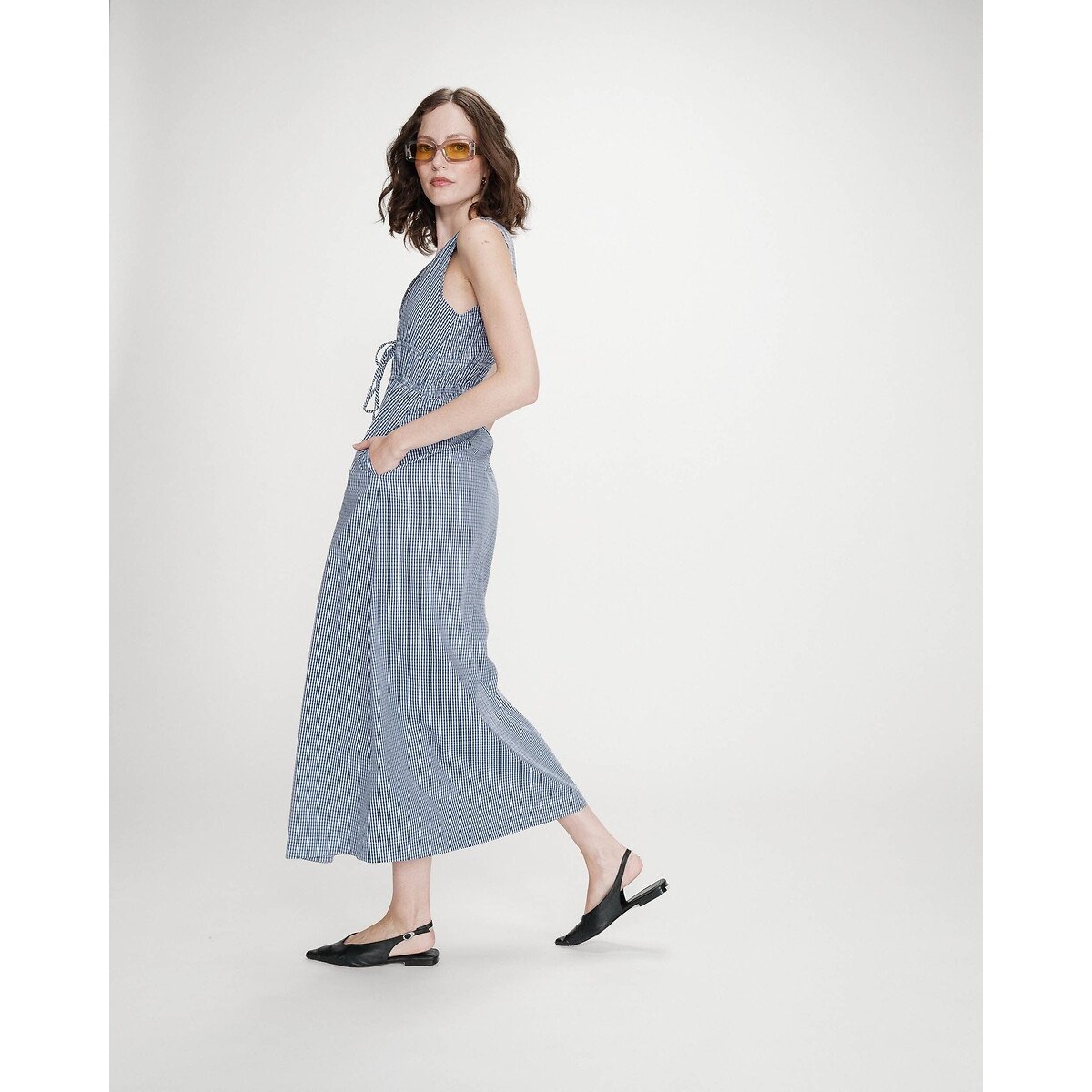 Robe longue à carreaux, col v VELMIRA bleu marine, GRACE & MILA
