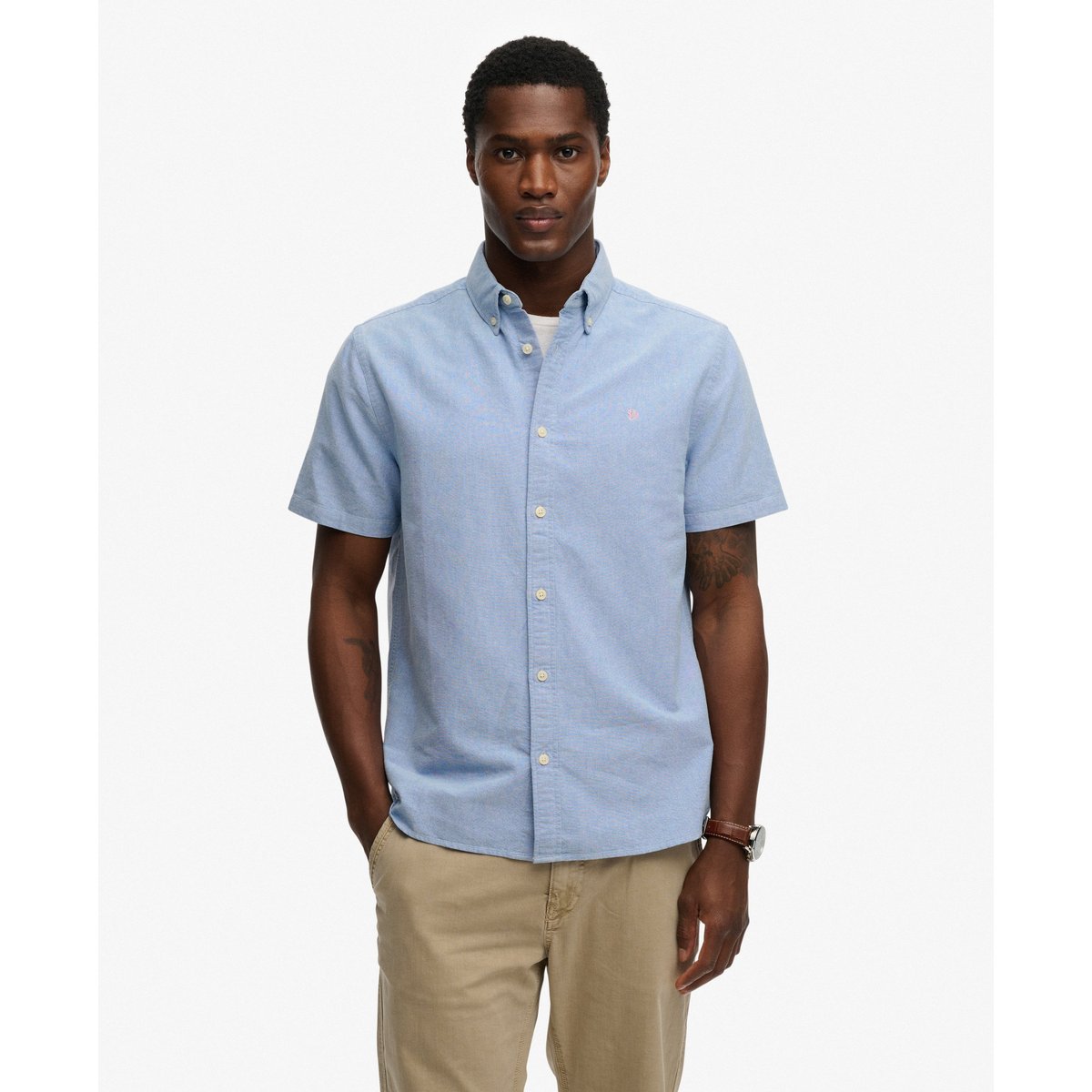Chemise Oxford Preppy à manches courtes chambray bleu ciel, SUPERDRY