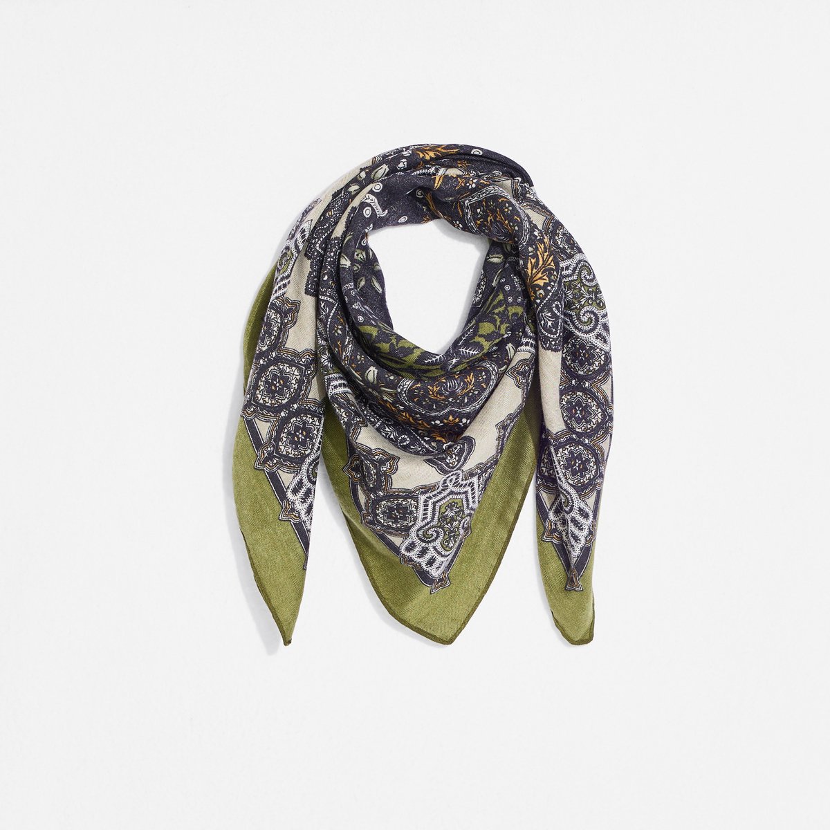 Foulard carré imprimé vert kaki, GRAIN DE MALICE